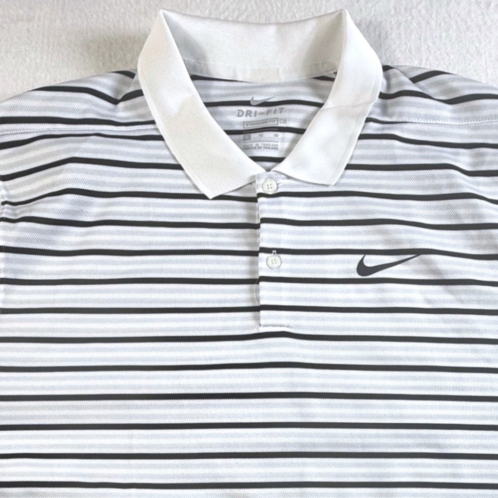 Nike Polo Shirt Mens XL Dri-FIT Striped Short Sleeve Performance White Black